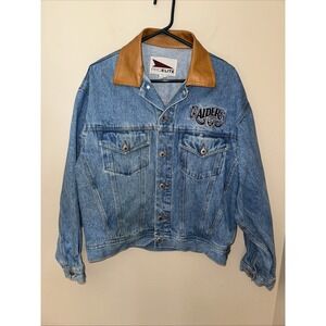 Vintage 90s Pro Elite Embroidered Oakland Raiders NFL Denim Jacket Size‎ Medium